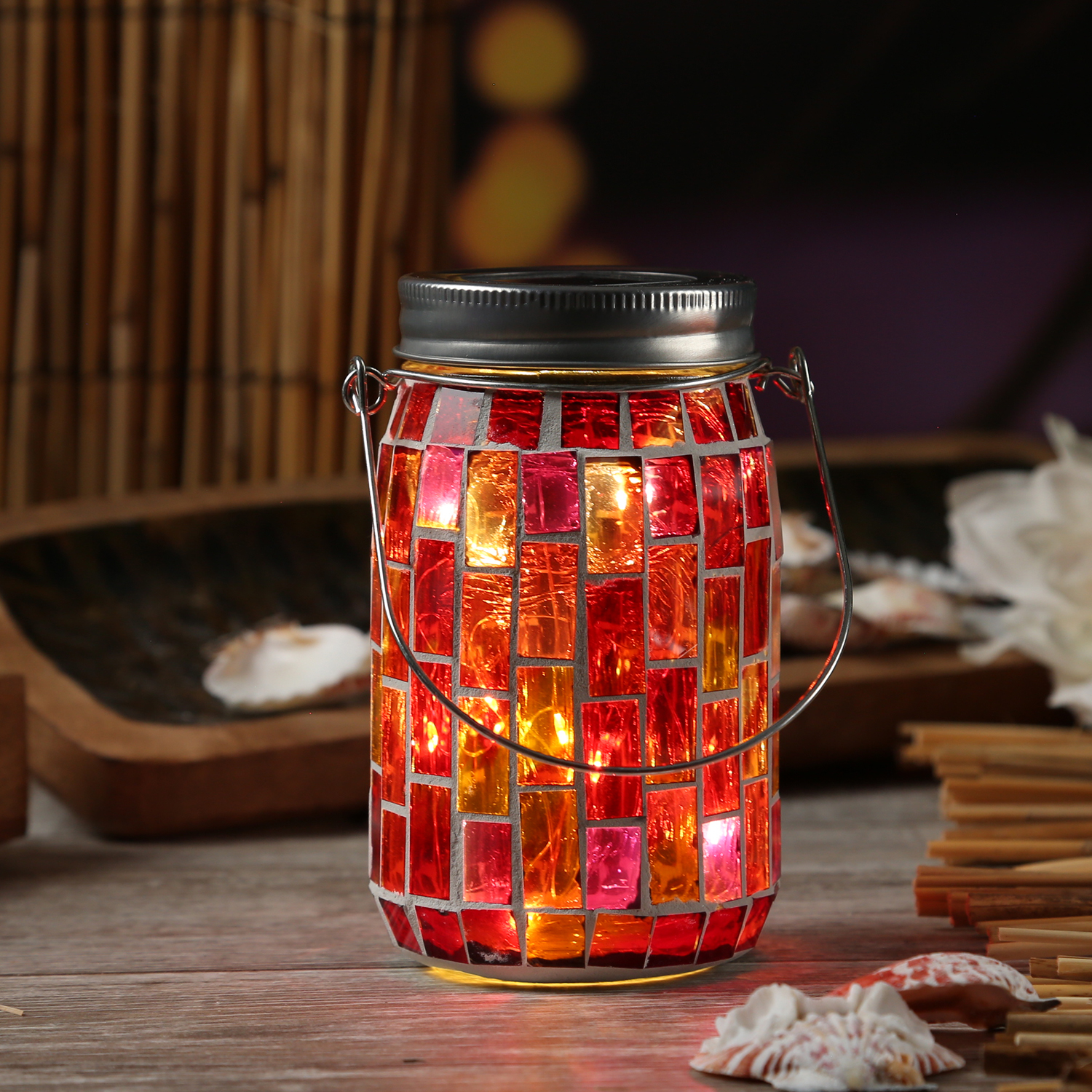 LED Solar Glas - mit - Henkel mit 13,5cm Einmachglas Mosaiksteinchen - Lichtsensor H: - - rot