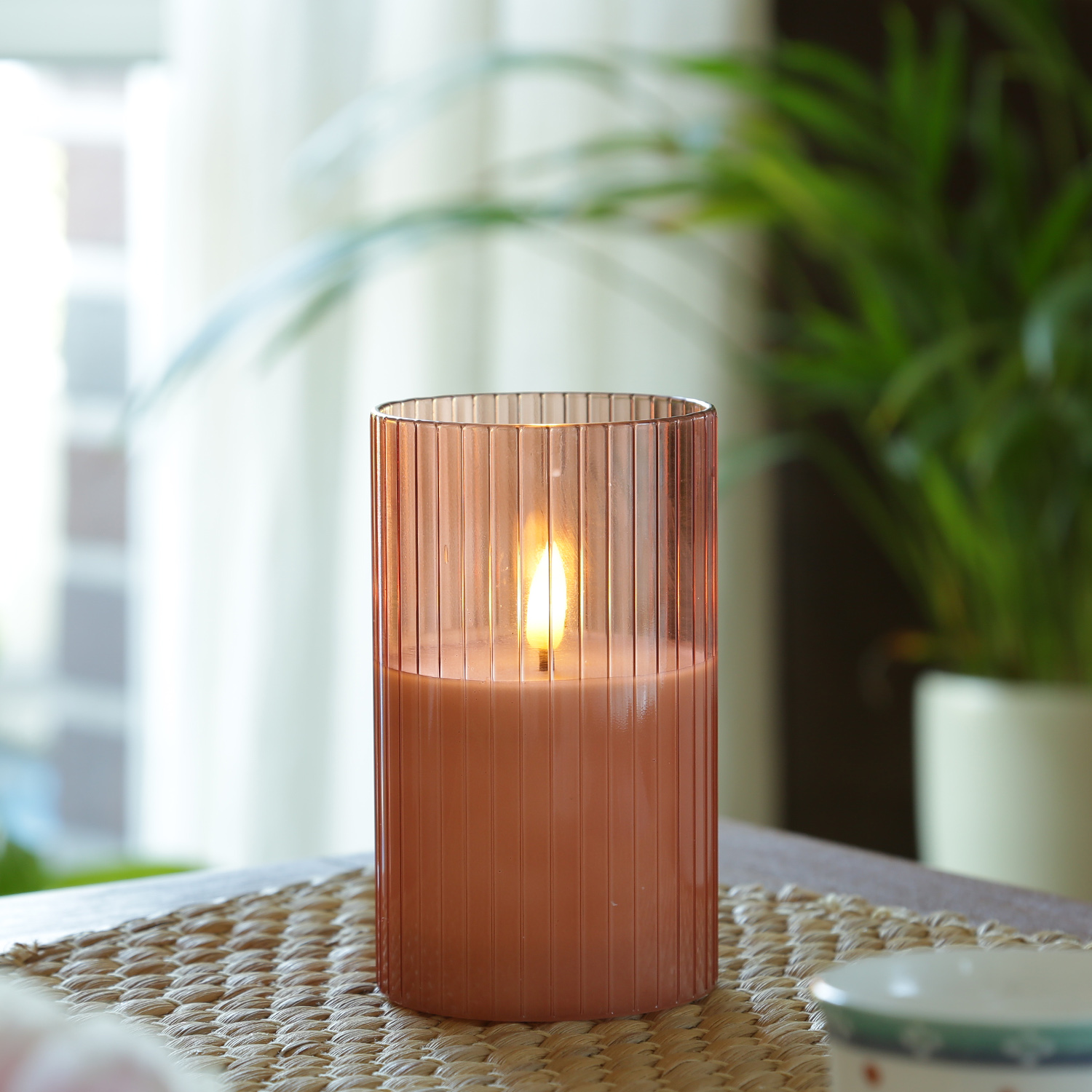 LED Kerze im rosa - 12,5cm 3D Glas - Windlicht 7,5cm Timer H: - - - - - Flamme Echtwachs D