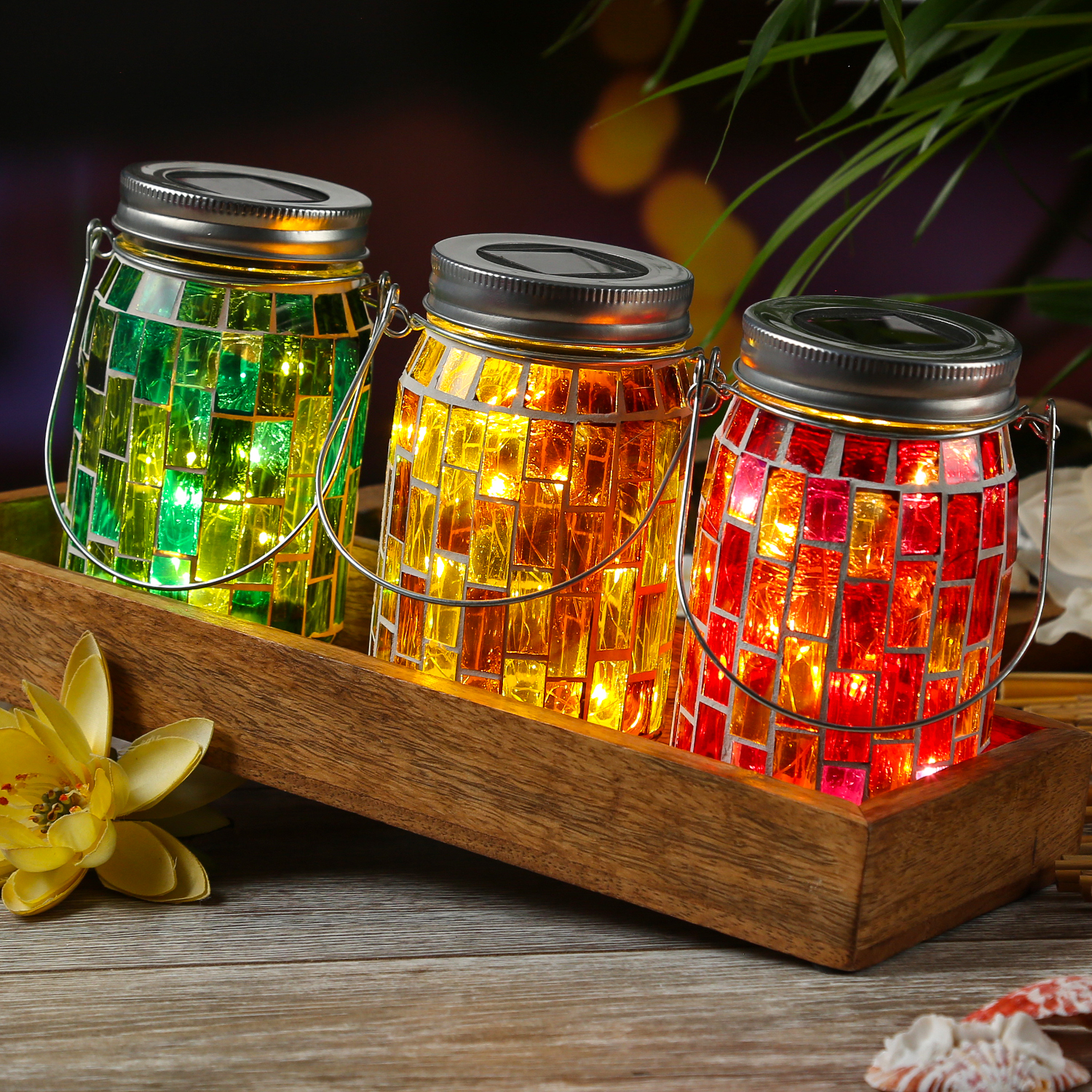 LED Solar Glas - Einmachglas mit Mosaiksteinchen - mit Henkel - H: 13,5cm -  Lichtsensor - rot